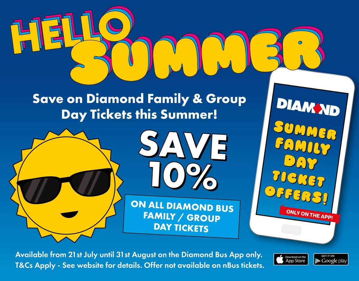 Diamond Bus Summer Special offer

Until 31st August, when you buy any Diamond Family Day Ticket on the Diamond App, you will receive a Saving of 10% off the normal ticket price! So grab the family and enjoy exploring your area with Diamond.

Find out more: buff.ly/Oko3X5V