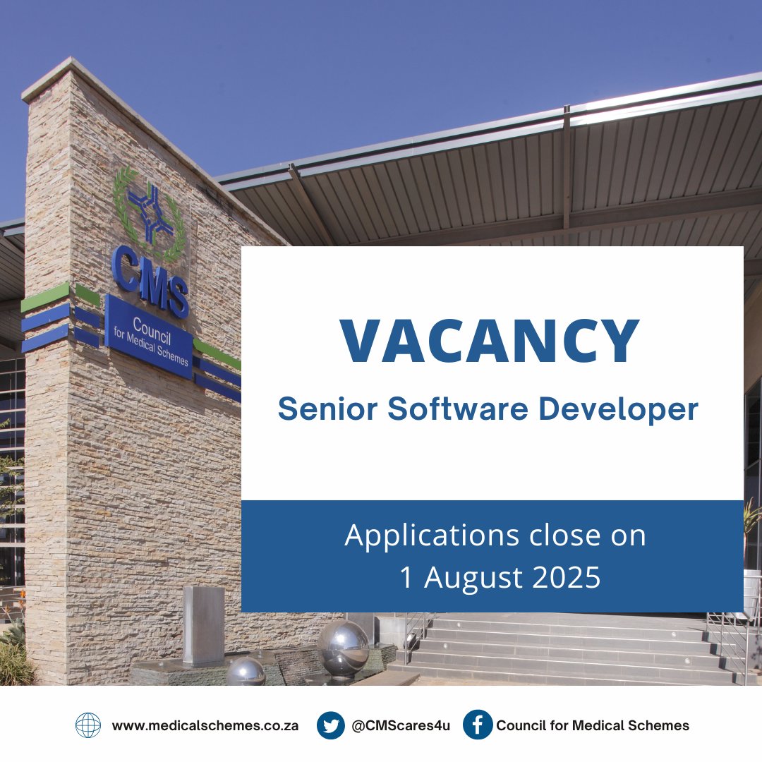 Vacancy Alert: The CMS is looking for a skilled Senior Software Developer to join our team.

Applications close on 1 August 2025. View the advert and apply here: bit.ly/3H1d2Mm  #JobseekersSA #CMScares4u