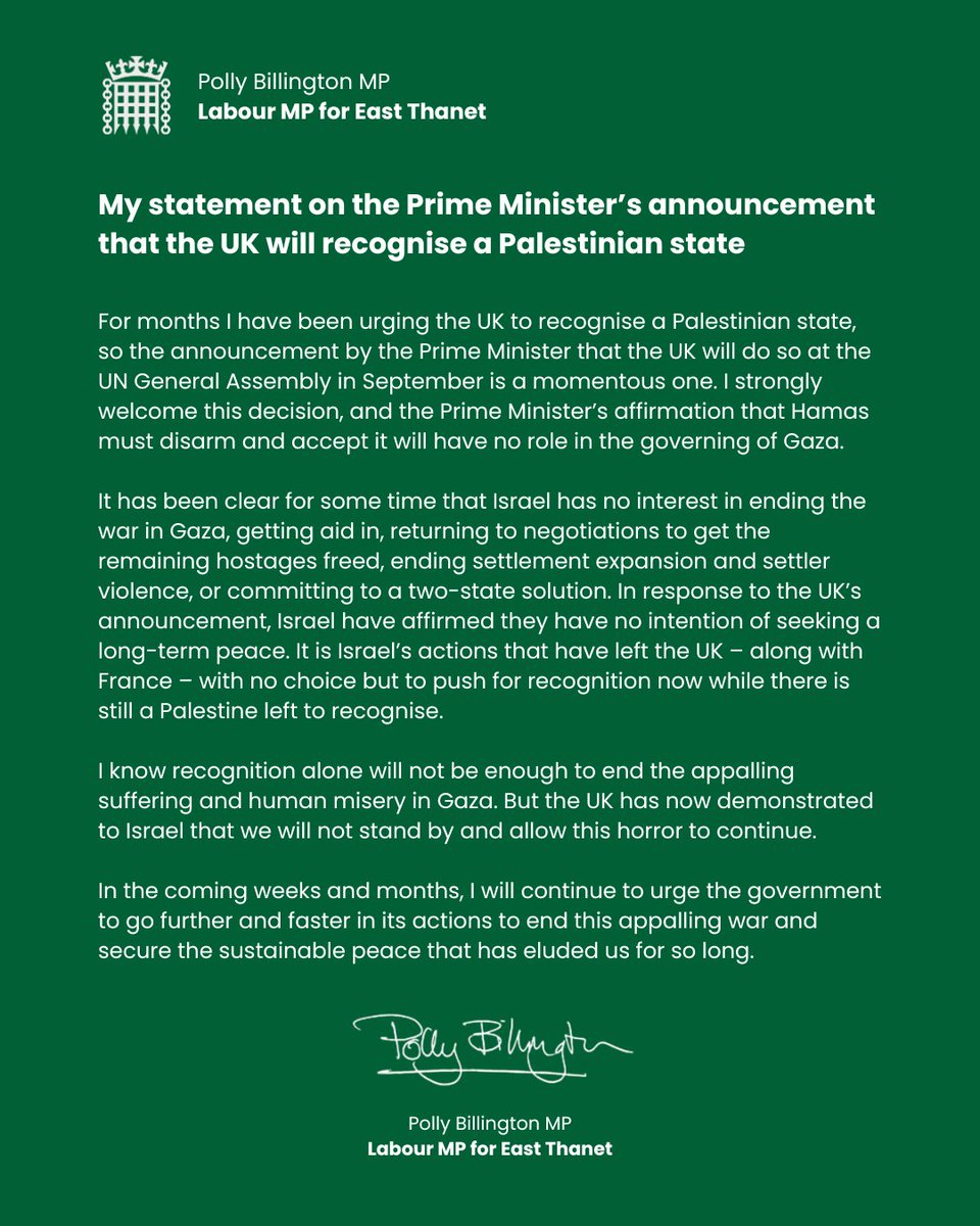 My statement on the Prime Minister's announcement that the UK will recognise a Palestinian state.