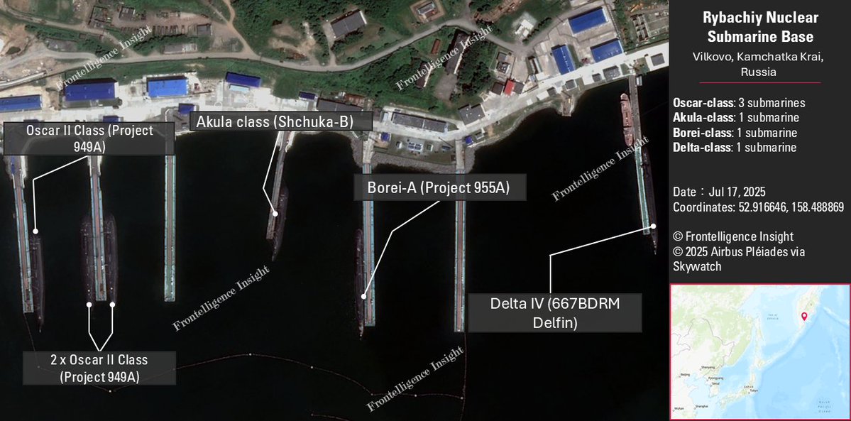 Satellite image taken about two weeks before the earthquake shows 6 nuclear submarines at Russia’s base near Petropavlovsk-Kamchatsky, just over 100 km from the quake’s epicenter. The breakdown is: 3 Oscar-class, 1 Akula-class, 1 Borei-class, and 1 Delta-class submarine