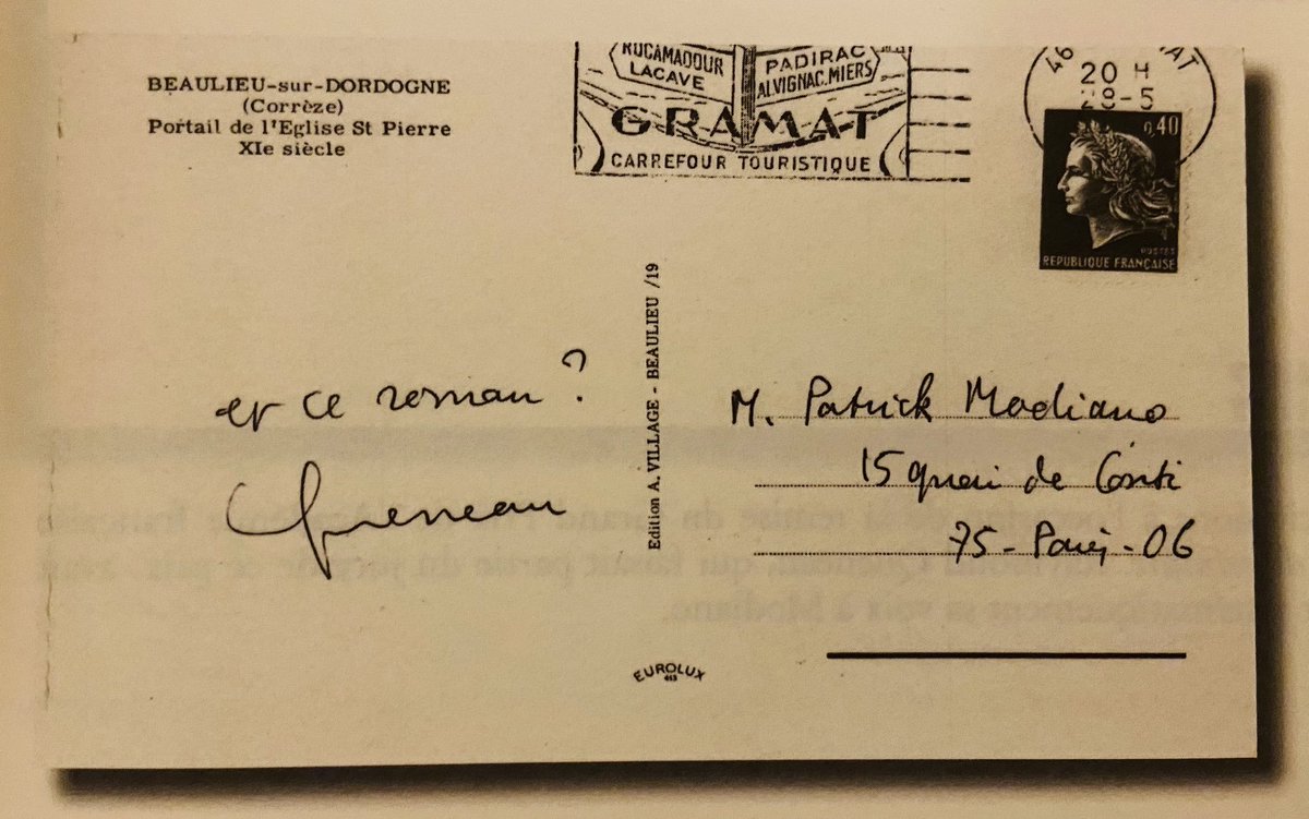 Postal de Raymond Queneau a Patrick Modiano:  

"¿Y esta novela?"