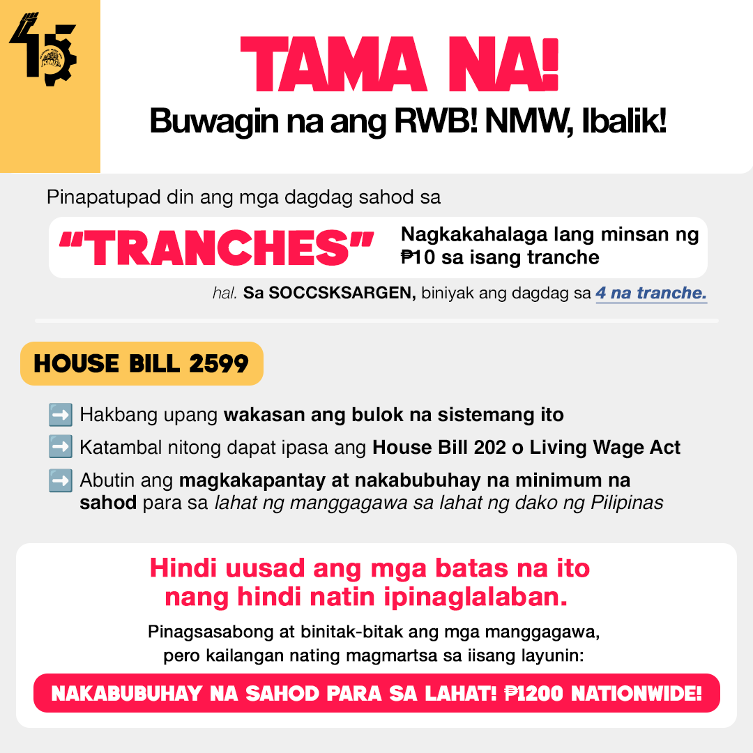 TAMA NA! BUWAGIN NA ANG RWB!
NATIONAL MINIMUM WAGE, IBALIK!

Kilusang Mayo Uno (KMU) strongly supports House Bill 2599 or the National Minimum Wage Bill, which was filed this morning by ACT Teachers Partylist Rep. Antonio Tinio and KABATAAN Partylist Rep. Renee Co of the