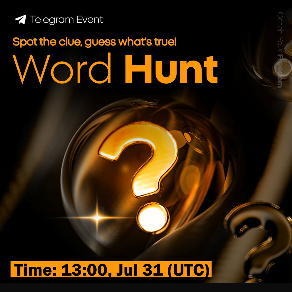 The Telegram event is back!

Set your reminders, Freedom Fam

✍️ Rules:
We'll drop some hints related to specific keywords.
Your job? → Guess the words and reply in the chat!

🕐 Time: 13:00, Jul 31 (UTC)

📍 Where: Global Chat – t.me/unich_com/1

NFT reward details will