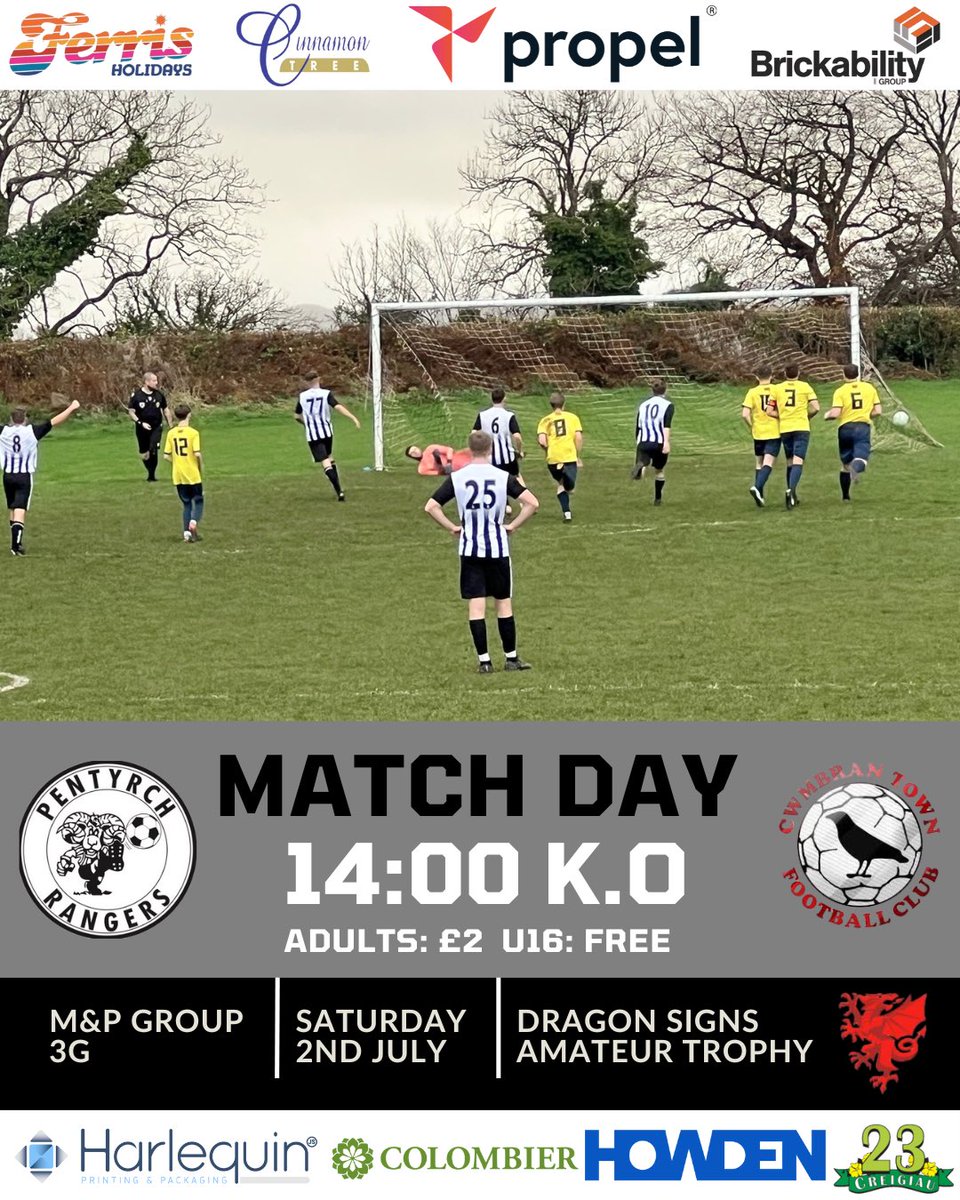 Pentyrch Rangers AFC⚫️⚪️ (@pentyrchs) on Twitter photo This Saturday we play <a href="/CwmbranTown/">Cwmbrân Town AFC</a> in the Dragon Signs Amateur Trophy.
After an unlucky result last week, the boys look to bounce back in what will be a tough but sure to be thrilling game!
📍M&P Group 3G
⏰ 2pm
📅 2nd July
#uppatyrchs #tyrchsallovertheworld This Saturday we play <a href="/CwmbranTown/">Cwmbrân Town AFC</a> in the Dragon Signs Amateur Trophy.
After an unlucky result last week, the boys look to bounce back in what will be a tough but sure to be thrilling game!
📍M&P Group 3G
⏰ 2pm
📅 2nd July
#uppatyrchs #tyrchsallovertheworld