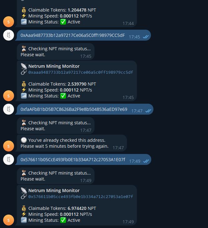 Kaelvin21's tweet photo. Try cooked up a new Telegram bot!😂
Check mining status of any EVM wallet
See current mining speed and unclaimed NPT tokens
One check per wallet every 5 minutes (rate-limited)
Inline button for quick access
#netrumlabs #netrum @netrum_ai #web3 #TelegramBot https://t.co/C9NJdEJwWd