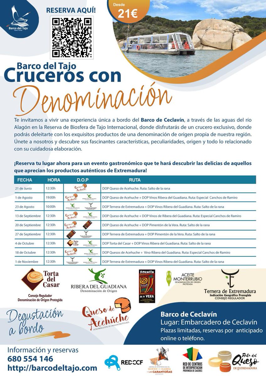 💦 ¿Quieres disfrutar de un #crucero por #Extremadura?

🛥️ El Barco del #Tajo organiza sus 'Cruceros con Denominación' de #agosto a #noviembre, en los que descubrirás la Reserva de la Biosfera de Tajo Internacional y la mejor #gastronomia extremeña 🍇🧀🐮

#Turismo #Agua