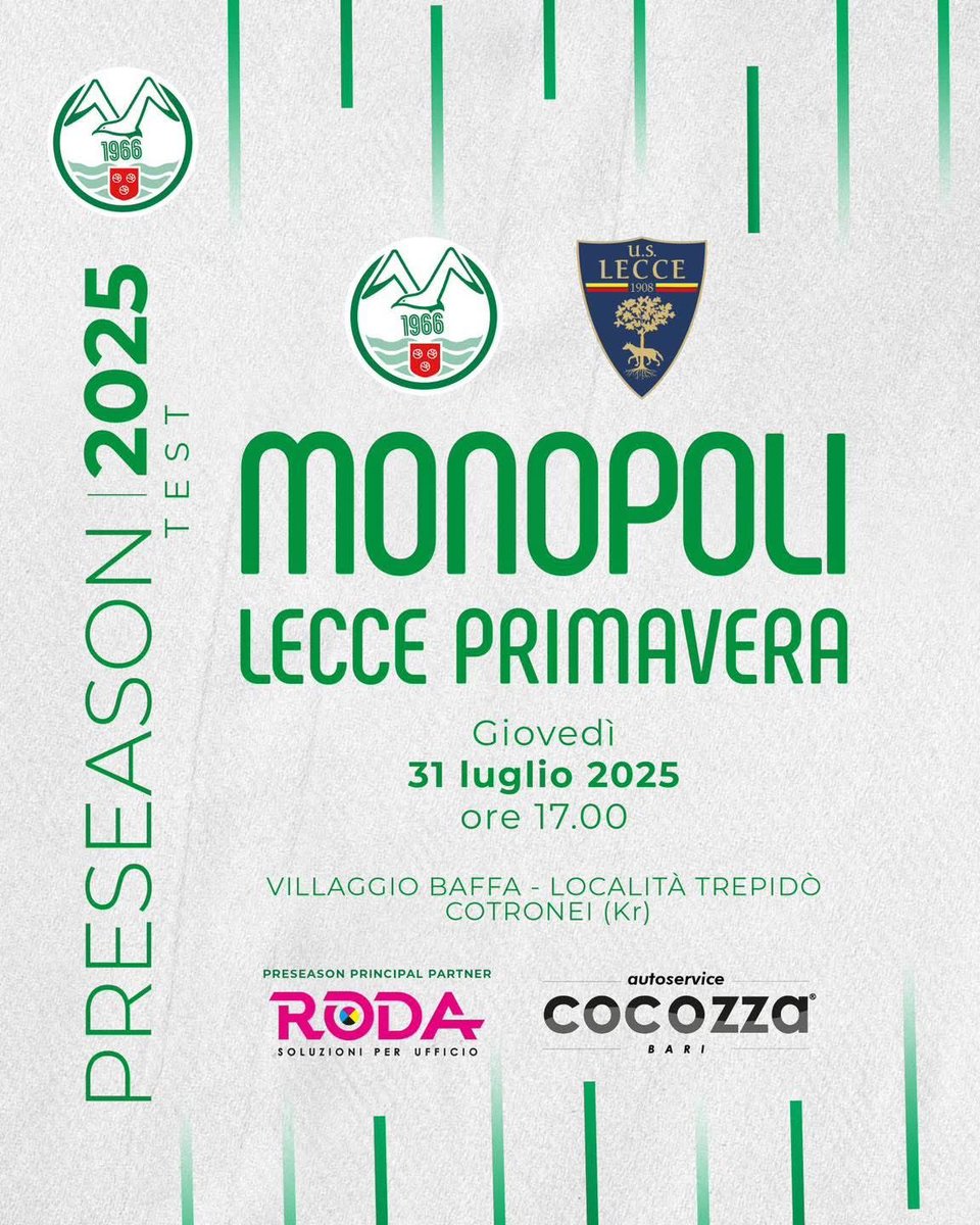 ALERT!
Cambia la sede dell’amichevole
in programma domani, giovedì 31 luglio,
con il Lecce Primavera!