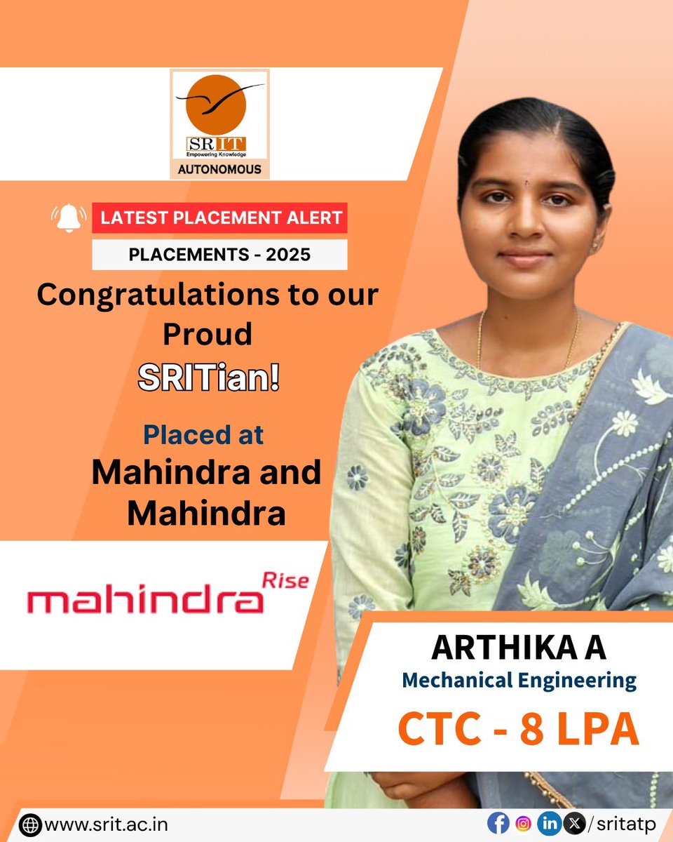 sritatp's tweet photo. 🎯 SRIT – Placements 2025
Proud SRITian Arthika A (Mechanical) placed at Mahindra & Mahindra with a 💰 CTC of ₹8 LPA! 🚗💼
Congratulations on this remarkable achievement! 🌟
#SRIT
#Anantapur
#SRITPlacements #EmpoweringKnowledge
#EducationWithValues #AluruSambasivaReddy https://t.co/kXhUXnPc6b