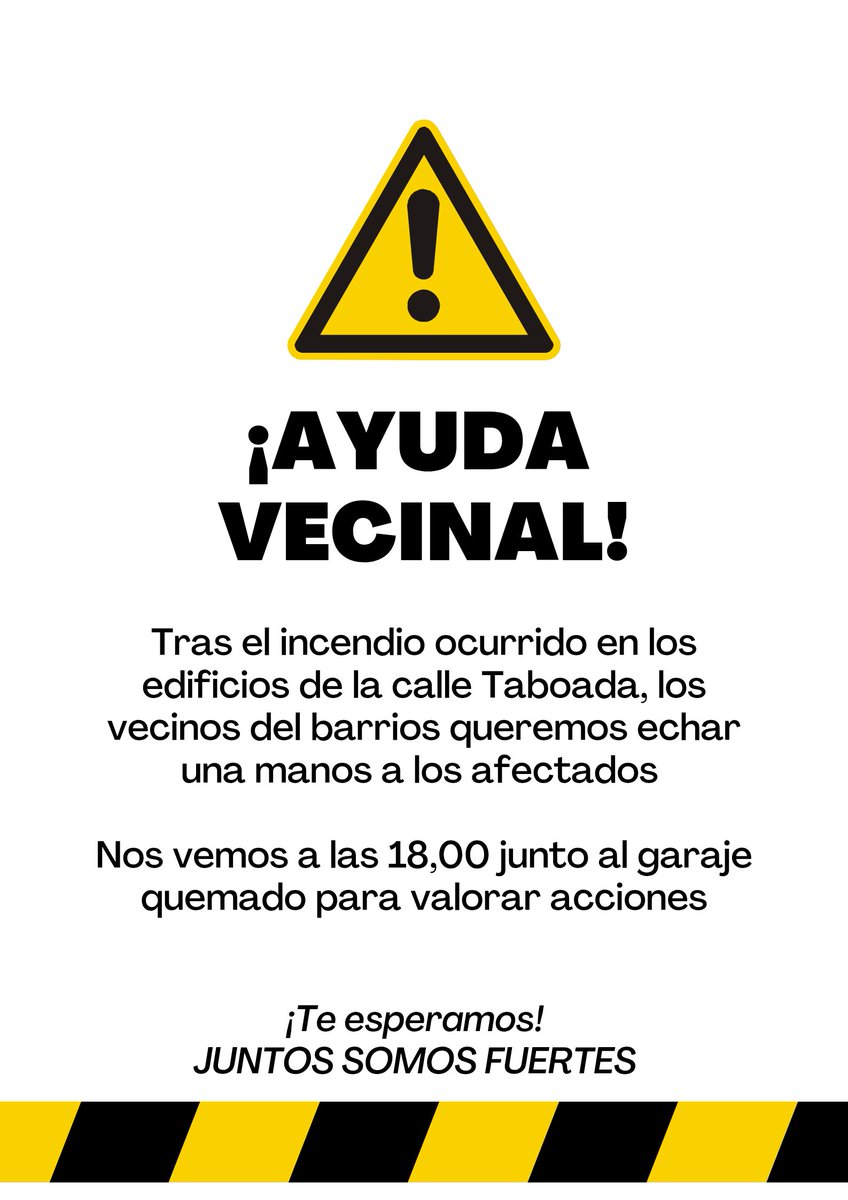 ❤️‍🩹Queremos echar una mano a los vecinos afectados por el incendio.

📍Nos vemos a las 18,00h junto al garaje quemado para valorar acciones.

📢¡Te esperamos!