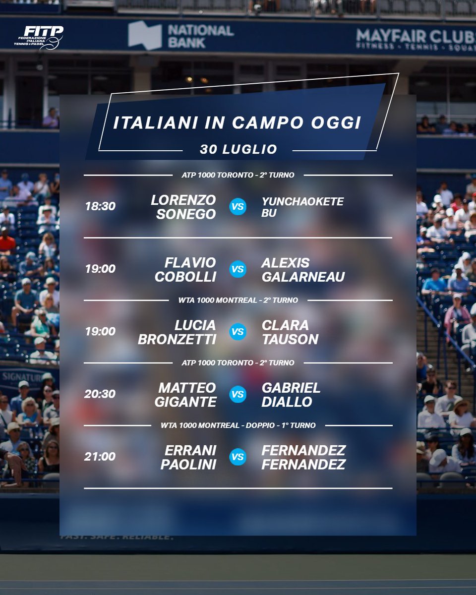 5 partite azzurre oggi in Canada 🇨🇦 

📍 A Toronto è il giorno di Sonego, Cobolli e Gigante mentre a Montreal toccherà a Bronzetti e alla coppia Errani/Paolini 🔵