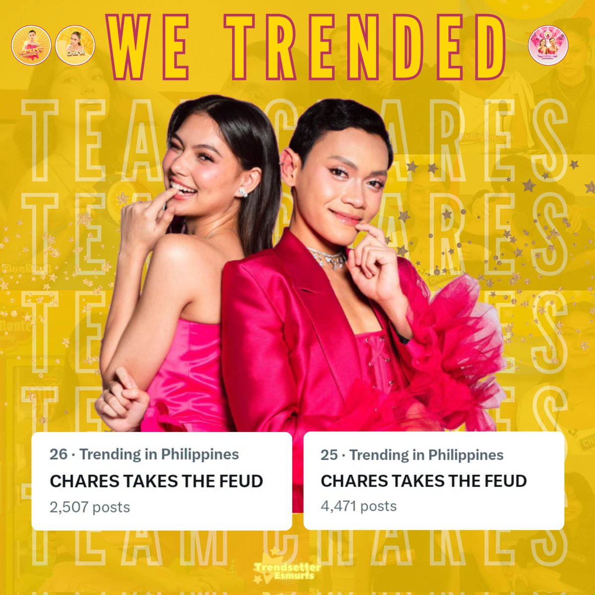 YOU MADE IT. WE TRENDED! ✨

Thank you, classmurfs, charlights and to all who joined and participated with us. Your unwavering effort, love, and time for Charlie and Esnyr mean so much to us. 

Let’s keep this energy going for our #CharEs duo, y'all~ 🩷

CHARES TAKES THE FEUD