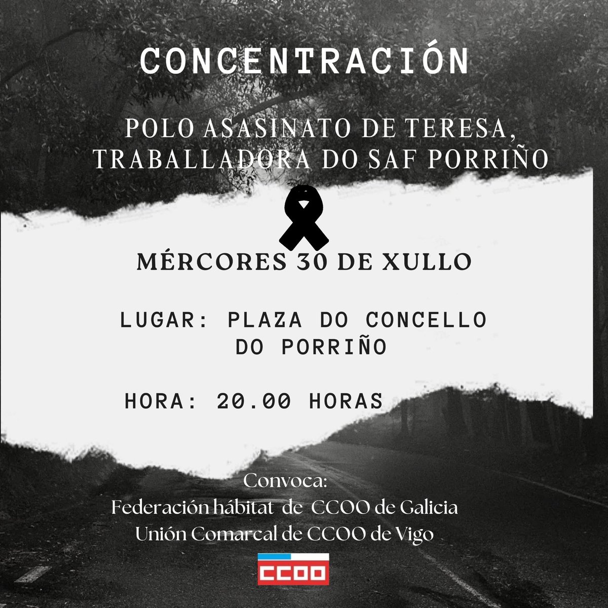 🔴 #CCOO convoca hoxe, 30 de xullo, ás 20.00h, unha concentración diante do Concello do Porriño
😢A agresión sufrida pola traballadora do SAF pon de manifesto,a vulnerabilidade á que se enfrontan as traballadoras.
#accidentelaboral #sos 
➕ ccoo.gal/noticia:733746…