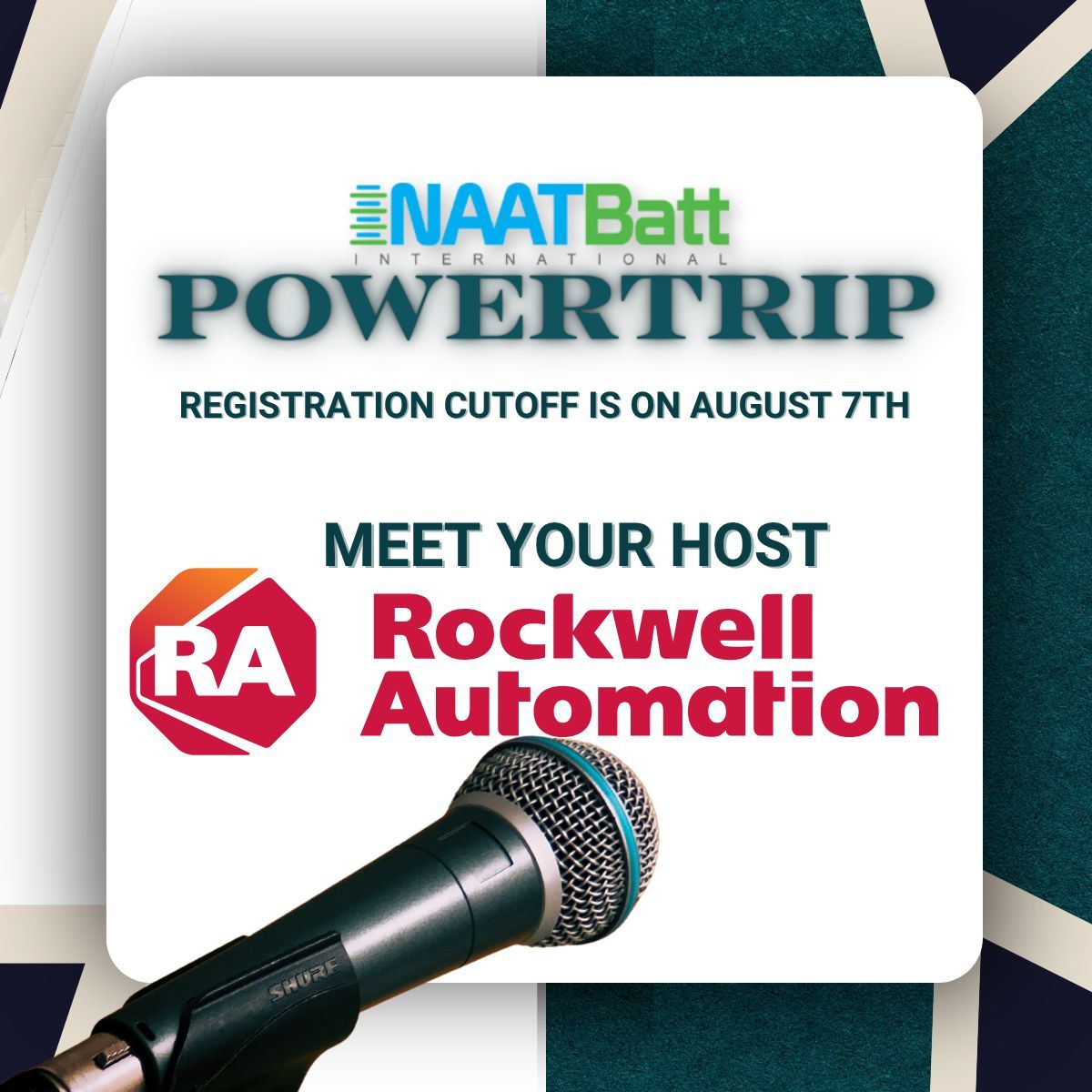 DEADLINE ALERT: PowerTrip registration closes August 7  Rockwell Automation HQ | Milwaukee August 21 | FREE for members Limited capacity
 Register: events.naatbatt.org  
#PowerTrip #August7Deadline #NAATBatt #battchat