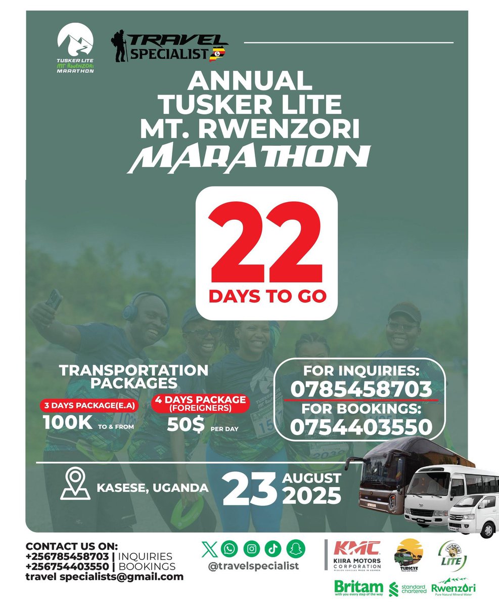 Namakula Phiona (@phiona_nam53267) on Twitter photo Only 22 days until the <a href="/RwenzoriMarathn/">Tusker Lite Rwenzori Marathon</a> in Kasese, Uganda
Need a ride? <a href="/Uganda_Expozed/">TRAVEL SPECIALIST🇺🇬</a> offers transport packages:
E.A. Citizens: 3-day package for UGX 100,000.
Foreigners: 4-day package at $50/day.
Book your transport now!
#TuskerLiteRwenzoriMarathon Only 22 days until the <a href="/RwenzoriMarathn/">Tusker Lite Rwenzori Marathon</a> in Kasese, Uganda
Need a ride? <a href="/Uganda_Expozed/">TRAVEL SPECIALIST🇺🇬</a> offers transport packages:
E.A. Citizens: 3-day package for UGX 100,000.
Foreigners: 4-day package at $50/day.
Book your transport now!
#TuskerLiteRwenzoriMarathon