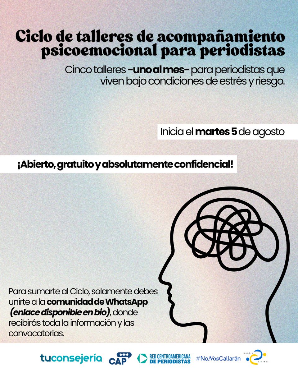 🧠 Inicia un nuevo ciclo de talleres psicoemocionales para periodistas en Centroamérica.
📚 Espacios teóricos y prácticos enfocados en salud mental.
🆓 Gratuitos | 🔒Confidenciales | 💻Modalidad virtual
✅ Únete a nuestra comunidad por medio del siguiente enlace: