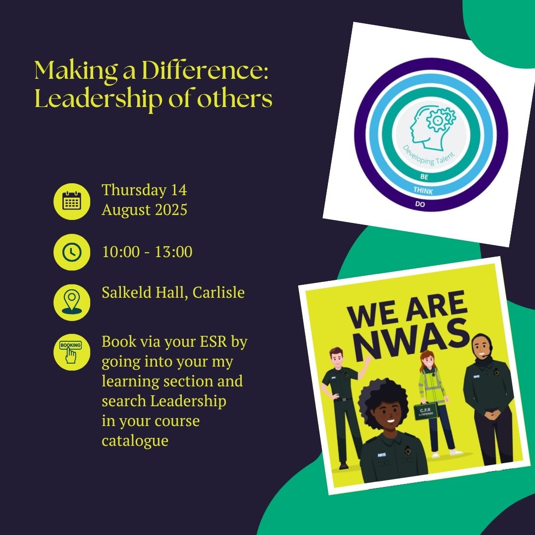 NWAS Learning & Organisational Development (@nwamb_learning) on Twitter photo NWAS staff we have availability on Making a Difference: Leadership of others on 14 August - 10:00-13:00 at Salkeld Hall, Carlisle.
Bookings are made via MyESR.
If you require any further information or help please contact us at Learning&OD@nwas.nhs.uk
<a href="/NWAmbulance/">North West Ambulance Service</a> #NWAS NWAS staff we have availability on Making a Difference: Leadership of others on 14 August - 10:00-13:00 at Salkeld Hall, Carlisle.
Bookings are made via MyESR.
If you require any further information or help please contact us at Learning&OD@nwas.nhs.uk
<a href="/NWAmbulance/">North West Ambulance Service</a> #NWAS