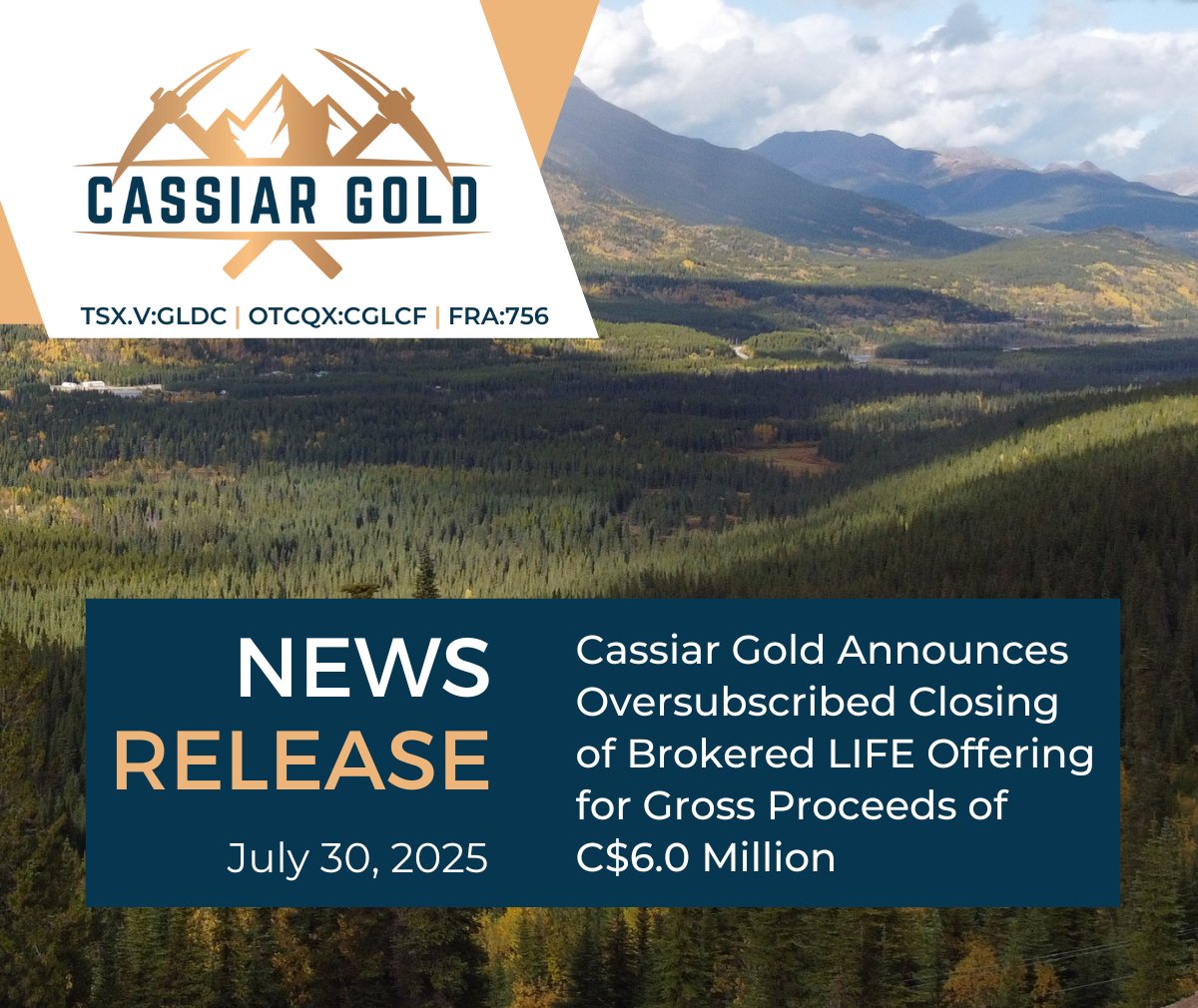 NEWS ALERT📢 Cassiar Gold Announces Oversubscribed Closing of Brokered LIFE Offering for Gross Proceeds of C$6.0 Million.

Read the full press release here: loom.ly/iYMSN4I

$GLDC.V $CGLCF