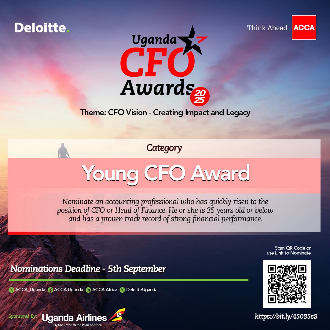 ACCA Uganda (@acca_uganda) on Twitter photo Yes!!! The Young CFO Award category this time, considers financial professionals who are 35 & below
Nominees must demonstrate early leadership, financial turnaround, and innovation, order to scoop up a #CFOAwardsUG25 accolade 
Nominations open at bit.ly/450S5sS Yes!!! The Young CFO Award category this time, considers financial professionals who are 35 & below
Nominees must demonstrate early leadership, financial turnaround, and innovation, order to scoop up a #CFOAwardsUG25 accolade 
Nominations open at bit.ly/450S5sS