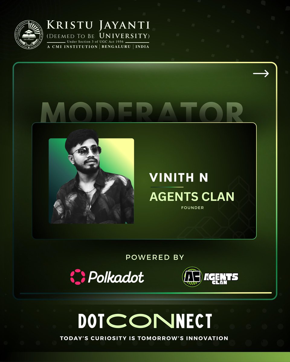 Excited to announce <a href="/Vinithn10/">Vinith.N</a> , Founder of <a href="/AgentsClan2/">AGENTS CLAN</a> , as the Moderator for Dot Connect.

A premier panel discussion exploring the future of Web3, Blockchain, and Decentralisation. With over 5 years of hands-on experience in the Web3 space,

Vinith is a blockchain ecosystem