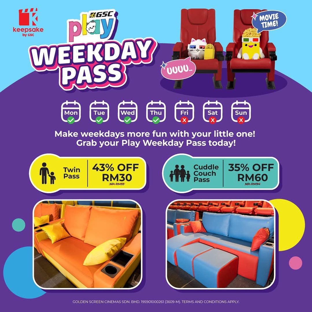 GSCinemas's tweet image. 🎉 Introducing the GSC Play Weekday Pass — because weekdays deserve more fun with your little one! 💛✨

🎬 Use it for upcoming kid-friendly movies like:

🔹 #SmurfsMovie – Blue, adorable, and full of fun! (Perfect for younger kids)
🔹 #TheBadGuys2 – Heists, laughs, and epic