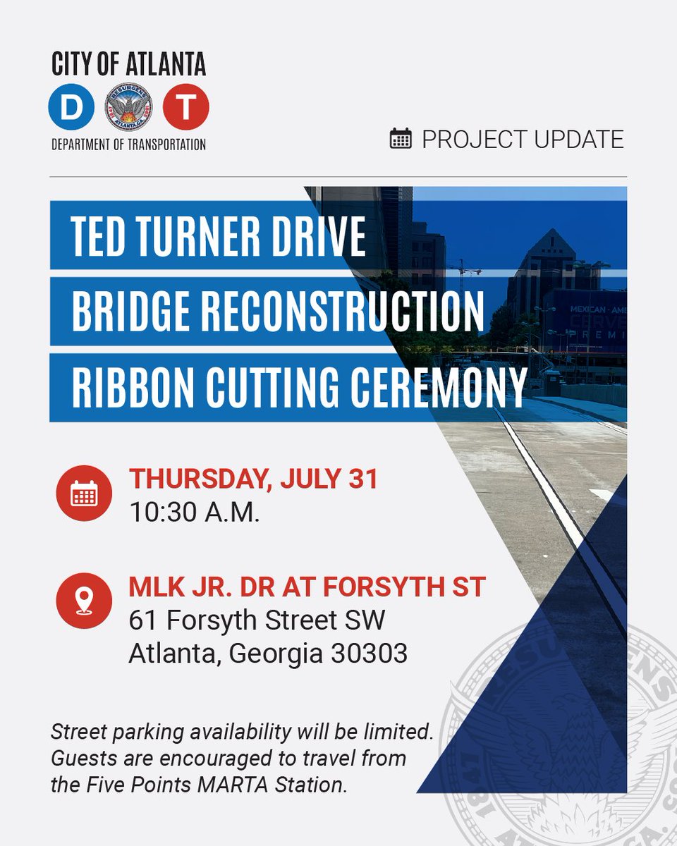With the finished Ted Turner Drive Bridge Reconstruction, ATLDOT has restored this connection's support to Downtown Atlanta. Thank you to all who saw this project from start to finish. Let's mark this journey as complete at the ribbon cutting tomorrow!
#MovingAtlantaForward