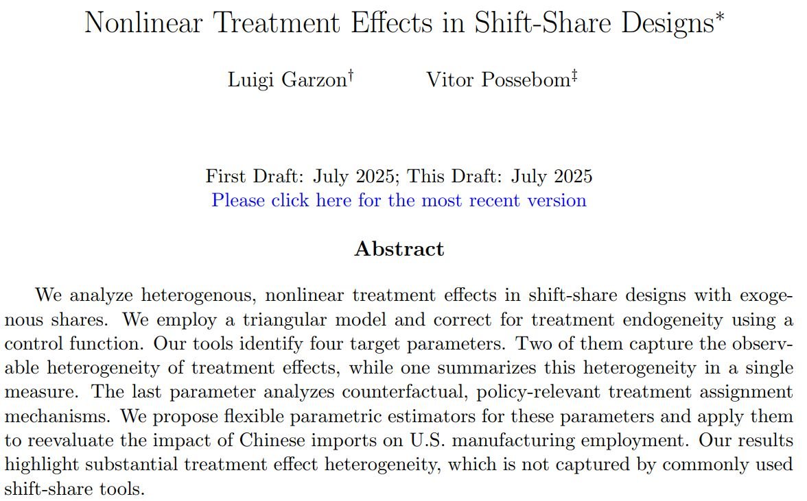 💡New Working Paper💡Nonlinear Treatment Effects in Shift-Share Designs
with <a href="/luigieras/">Luigi Garzon</a>.

Link: lnkd.in/ec_jCsSA

Shift-share instruments are a widely used tool in Economics.
