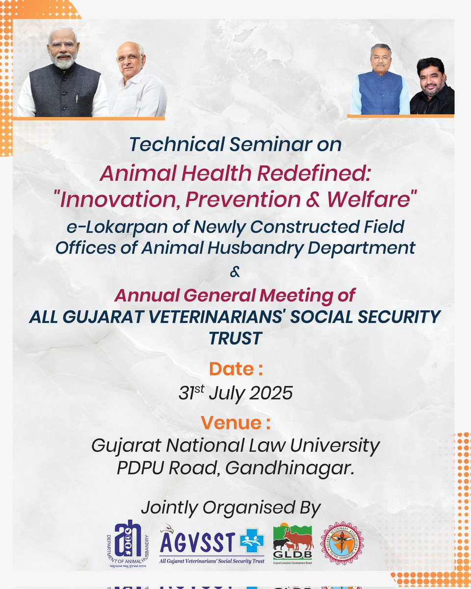DoahGujarat's tweet photo. Technical Seminar on
Animal Health Redefined: 

Date: 31st July 2025
Venue: Gujarat National Law University PDPU Road, Gandhinagar.
#AnimalHealthRedefined
#InnovationPreventionWelfare
#AnimalHusbandryGujarat
#VeterinaryInnovation
#LivestockHealth
#VeterinariansIndia 
#GNLU https://t.co/YMT7WKlSm5