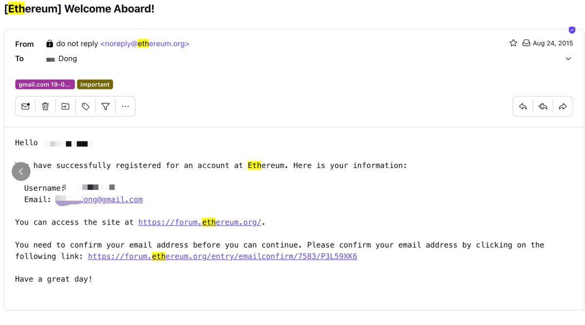 My "Welcome Abroad" email from ethereum.org <a href="/ethereum/">Ethereum</a> 10 years ago. It's been quite a journey! 
I am still believing in somETHing.