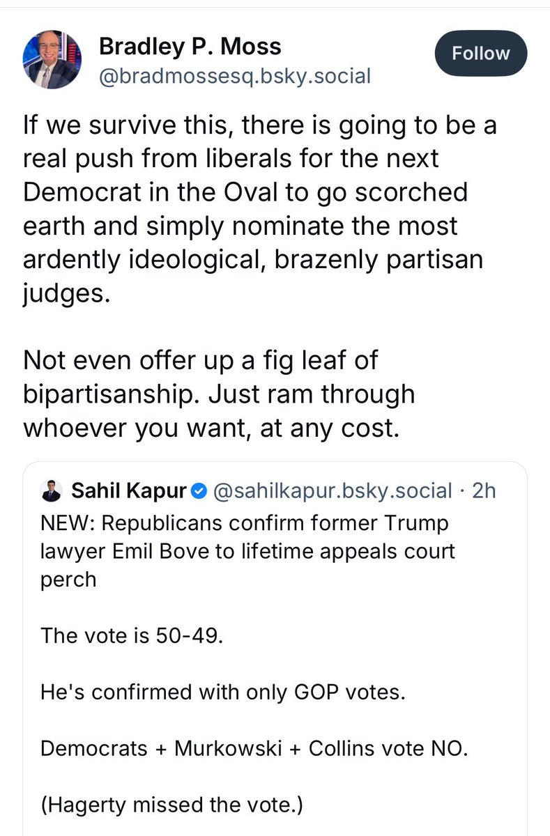 You’re right, what if the left retaliated? What if they nominated only liberal ideologues, taught only leftist views in law schools, or just abandoned legal reasoning altogether and legislated their policies from the bench? I mean the list goes on. Can you imagine?