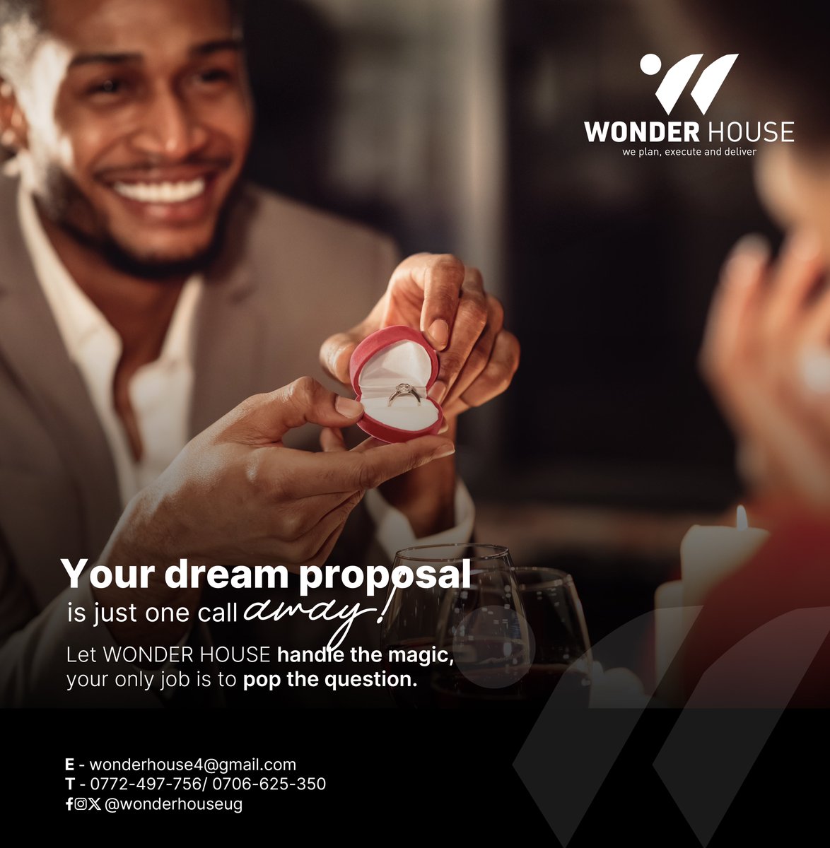 wonderhouseug's tweet photo. Ready to pop the question?💍♥️
An unforgettable proposal starts with perfect planning, and that’s where WONDER HOUSE comes in.
We curate bespoke experiences, so you don’t have to stress over the details.
☎️ +256 706625350 | 772497756
#WonderHouse #proposalpackage #eventplanner https://t.co/pQjn37VHQ6