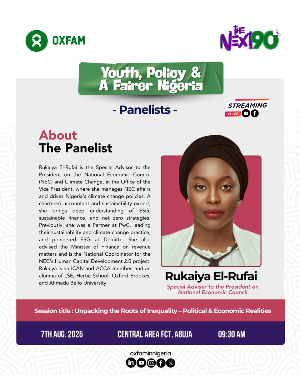 oxfaminnigeria's tweet photo. Thrilled to welcome @RukkyBE, Special Advisor to the President on NEC &amp; Climate Change, to #TheNext90! 

She will join our "Unpacking the Roots of Inequality – Political &amp; Economic Realities" discussion.

🗓️ Aug 7 | ⏰ 10 AM 
Register: https://t.co/MJX0UXFo3z 
#ShapeTheNext90 https://t.co/P0HBCBLQaY
