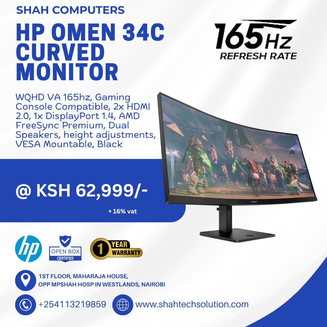 shahcomputers_'s tweet image. 🎮 Dominate Every Frame, Create Without Limits!
The HP Omen 34C Curved Monitor with 165Hz refresh rate &amp;amp; WQHD display is perfect for gamers &amp;amp; content creators.
💰 KSh 62,999/- + VAT | 1-Year Warranty
📍 Shah Computers, Westlands
🌐 shahtechsolution.com

#GamingMonitor #HPOMEN…