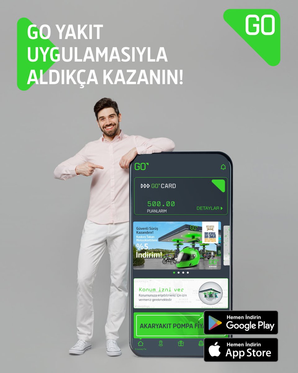 Yakıt aldıkça kazanmak hiç bu kadar kolay olmamıştı!💰

GO Yakıt uygulamasını hemen indirin ve her yakıt alışverişinizde puanlar kazanın, avantajlardan yararlanın!

Uygulama üzerinden en yakın GO İstasyonu'nu bulabilir, güncel avantajları takip edebilir ve özel kampanyalardan