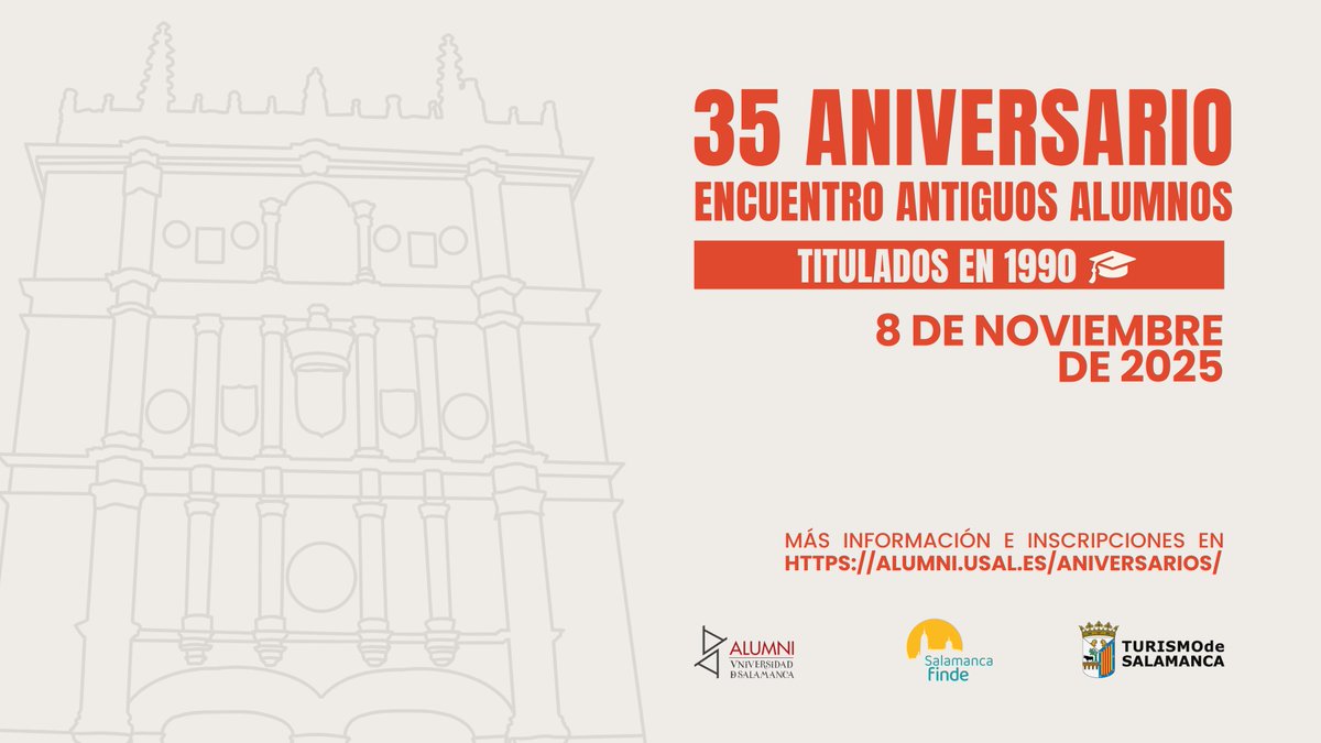 ALUMNI - USAL (@alumniusal) on Twitter photo 🎓 ¿Terminaste tus estudios en 1990?
✨ ¡Entonces este año celebramos tu 35 aniversario de graduación!
🤝 Queremos invitarte a un reencuentro único con tus compañeros de promoción y la <a href="/usal/">Universidad de Salamanca</a>
los días 8 y 9 de noviembre
👉 alumni.usal.es/35aniversario/ 🎓 ¿Terminaste tus estudios en 1990?
✨ ¡Entonces este año celebramos tu 35 aniversario de graduación!
🤝 Queremos invitarte a un reencuentro único con tus compañeros de promoción y la <a href="/usal/">Universidad de Salamanca</a>
los días 8 y 9 de noviembre
👉 alumni.usal.es/35aniversario/