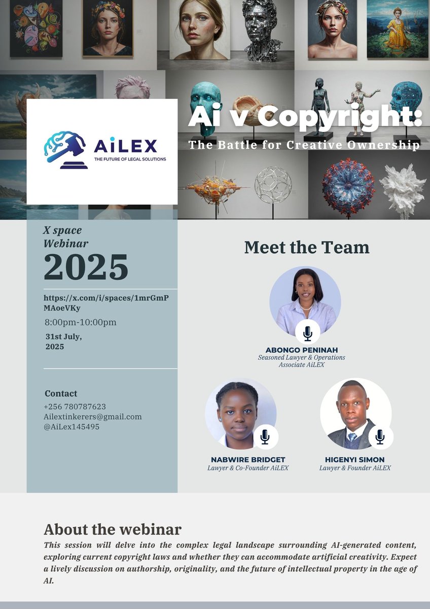 The countdown is on!

Tomorrow at 8:00 PM EAT, We will be live on <a href="/AiLex145495/">AiLEX</a> X Space for a powerful discussion you won't want to miss.

🎤 Topic: AI v Copyright: The Battle for Creative Ownership
🗓️  Tomorrow, 8:00 PM EAT
🔗 Join Link: x.com/i/spaces/1mrGm…