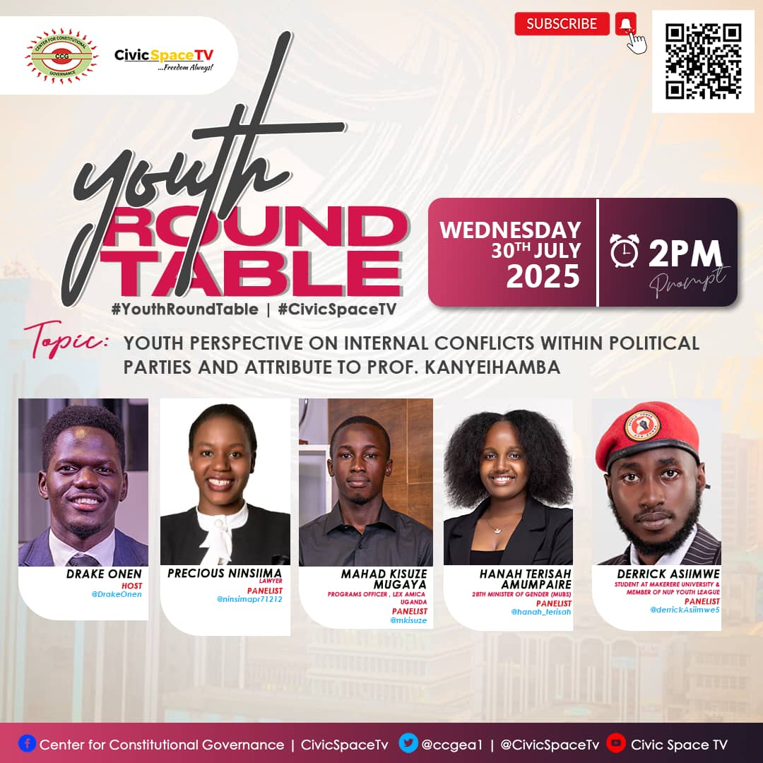 CIVIC SPACE TV (@civicspacetv) on Twitter photo #YouthRoundTable is showing on #CivicSpaceTV 'Youth Perspective on internal conflicts within Political Parties & a tribute to Prof. Kanyeihamba.' <a href="/DrakeOnen/">Douglas Drake Onen</a> <a href="/Ninsiimapr71212/">Ninsiima Precious Official</a> <a href="/MKisuze/">Mahad Kisuze Mugaya</a> <a href="/hanah_terisah/">Hanah Terisah</a> <a href="/DerrickAsiimwe5/">Asiimwe Derrick</a>
Link:youtu.be/1GpCiFrGB6o?si… Join the conversation & subscribe #YouthRoundTable is showing on #CivicSpaceTV 'Youth Perspective on internal conflicts within Political Parties & a tribute to Prof. Kanyeihamba.' <a href="/DrakeOnen/">Douglas Drake Onen</a> <a href="/Ninsiimapr71212/">Ninsiima Precious Official</a> <a href="/MKisuze/">Mahad Kisuze Mugaya</a> <a href="/hanah_terisah/">Hanah Terisah</a> <a href="/DerrickAsiimwe5/">Asiimwe Derrick</a>
Link:youtu.be/1GpCiFrGB6o?si… Join the conversation & subscribe