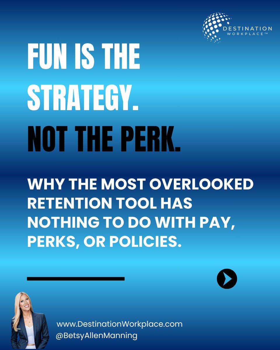 betsyamanning's tweet image. 3% of employees stay for trust.
57% stay for support.
36% stay for recognition.

👉 All 3 are built faster with fun.

Fun isn’t extra. It’s essential.

Swipe the carousel that’s waking up execs:
Culture. Retention. Energy.

#FunIsAStrategy #WorkplaceCulture #RetentionTools