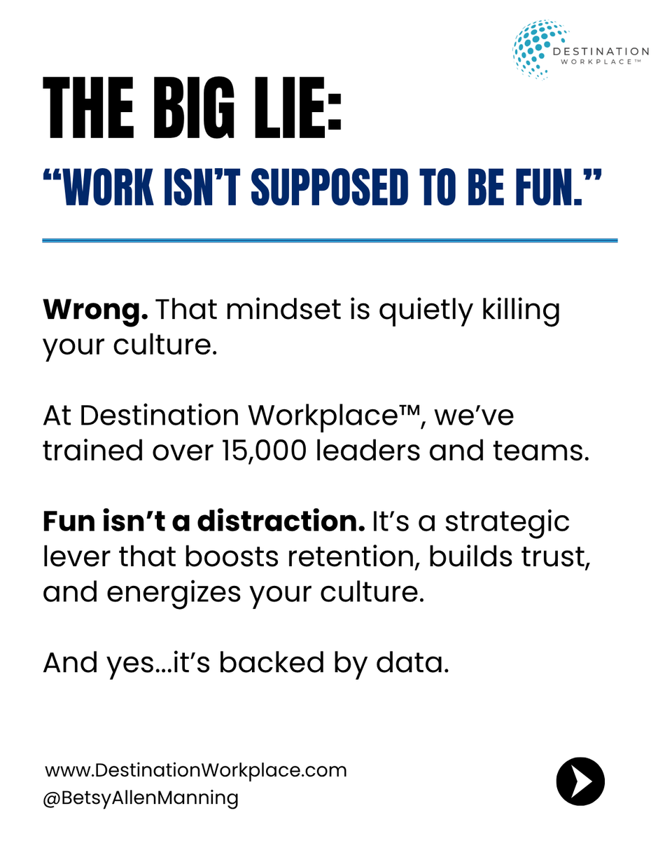betsyamanning's tweet image. 3% of employees stay for trust.
57% stay for support.
36% stay for recognition.

👉 All 3 are built faster with fun.

Fun isn’t extra. It’s essential.

Swipe the carousel that’s waking up execs:
Culture. Retention. Energy.

#FunIsAStrategy #WorkplaceCulture #RetentionTools
