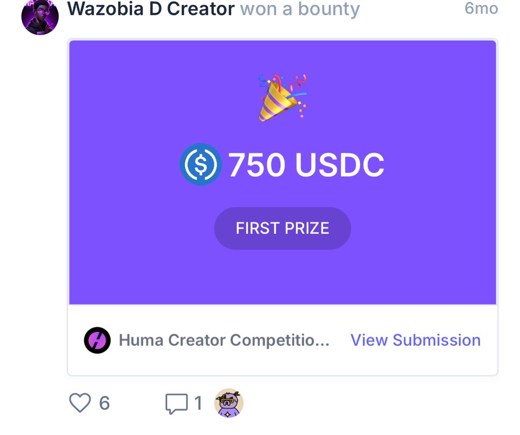 WAZOBIA 👾 (@wazobiadcreator) on Twitter photo last year, <a href="/humafinance/">Huma Finance 🟣</a> hosted a bounty.
i won a total of $3250
-best video content
-overall bounty winner
solid proof of work that i’m a creative junkie with creative content ideas.
I’m opened to jobs and collaborations.
cc: <a href="/Harri_obi/">Harri</a> <a href="/SuperteamNG/">Superteam Nigeria</a> <a href="/NzubeEzudo/">Nzube Ezudo</a> last year, <a href="/humafinance/">Huma Finance 🟣</a> hosted a bounty.
i won a total of $3250
-best video content
-overall bounty winner
solid proof of work that i’m a creative junkie with creative content ideas.
I’m opened to jobs and collaborations.
cc: <a href="/Harri_obi/">Harri</a> <a href="/SuperteamNG/">Superteam Nigeria</a> <a href="/NzubeEzudo/">Nzube Ezudo</a>