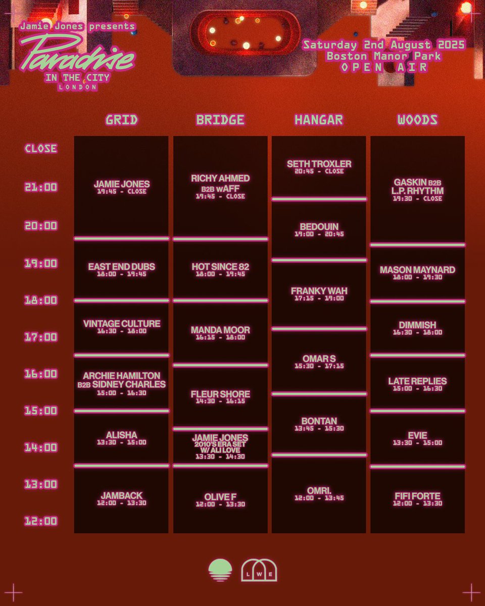 PARADISE IN THE CITY – SET TIMES

The wait is almost over - in just 3 days we transform Boston Manor Park into Paradise with 27 artists across 4 unique stages 🌴

Artist Update: Mr. G – Due to unforeseen scheduling changes, Mr. G is no longer able to perform.

Final tickets: