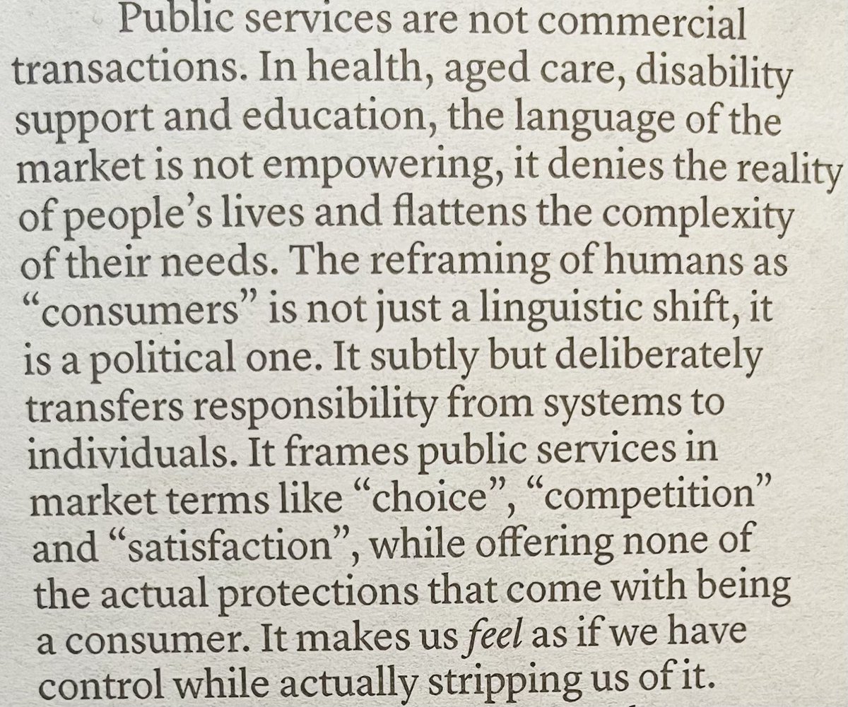 Searing article by <a href="/TheAusInstitute/">Australia Institute</a> #PollyHemming in <a href="/SatPaper/">The Saturday Paper</a> on the subtle supplanting of ‘customer’ in place of ‘citizen’.
A symptom of the erosion of public institutions &amp; democratic rights.