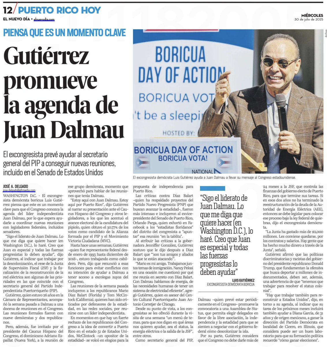 📰  Luis Gutiérrez piensa que es clave que el Congreso conozca la agenda de Juan Dalmau. El excongresista prevé ayudar al secretario general del PIP a conseguir nuevas reuniones, incluido en el Senado de Estados Unidos.  

Lee la noticia completa aquí  👉 buff.ly/h6