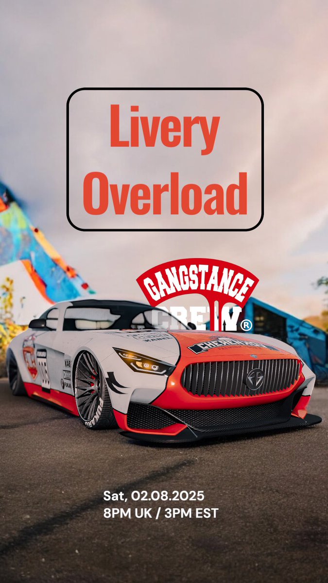 Livery Oveload by #GANGSTANCE

• Crew Session on PS5 

• Sat, 02.08.2025, 8PM UK / 3PM EST

• Host: <a href="/91danya/">ダンヤ</a> 

• all cars allowed besides weaponized vehicles, liveries mandatory (get creative). Bennies allowed with good taste, no neons 

#StayDope #GTAOnline