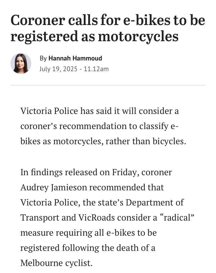Similar thing happening here. Two media outlets failing to report that the coroner’s recommendations in this case specifically referred to throttle-powered e-bikes and *not* the pedal-powered variety. There’s a *significant* difference between the two.