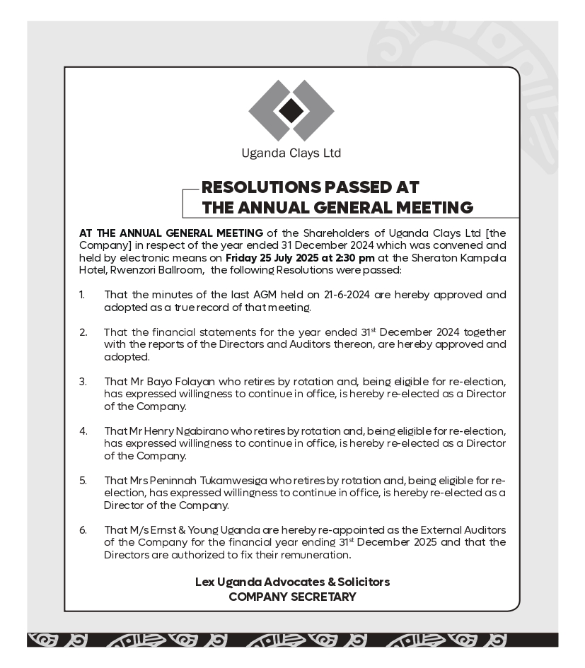Uganda Securities Exchange (@useuganda) on Twitter photo NOTICE: <a href="/ugandaclays/">Uganda Clays Limited</a> has released their post annual general meeting notice for 2025.
For more information, please follow the link to our website: use.or.ug/content/uganda… NOTICE: <a href="/ugandaclays/">Uganda Clays Limited</a> has released their post annual general meeting notice for 2025.
For more information, please follow the link to our website: use.or.ug/content/uganda…