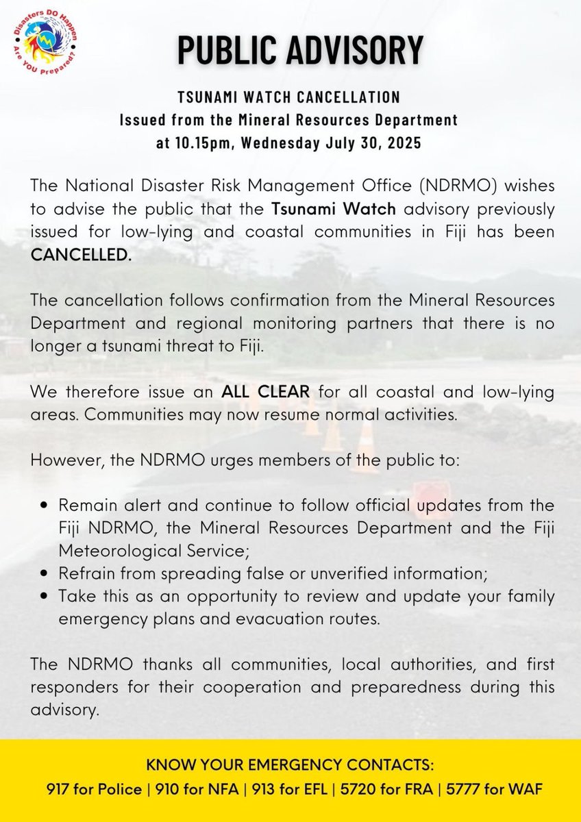 Fiji NDRMO (@fijindrmo) on Twitter photo 🚨PUBLIC ADVISORY📍
The Fiji NDRMO issues the “ALL CLEAR” advisory ⬇️ following the cancellation of the Tsunami Watch by the Fiji Seismology.
✅ READ MORE ⬇️ 🚨PUBLIC ADVISORY📍
The Fiji NDRMO issues the “ALL CLEAR” advisory ⬇️ following the cancellation of the Tsunami Watch by the Fiji Seismology.
✅ READ MORE ⬇️