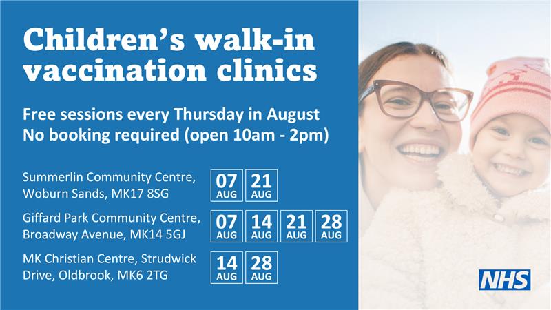 NHS walk-in clinics are available during the school break for any children in Milton Keynes that have missed out on vaccinations, including measles. Learn more: blmkhealthandcarepartnership.org/your-health-an…