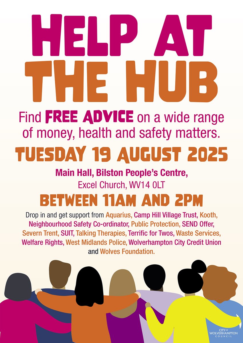 ❤️ For free help and support on a wide range of money matters and health and safety concerns, come along to a community open day in Bilston.
Help at the Hub takes place on Tuesday, August 19, between 11am and 2pm. No need to book!
More 👉 orlo.uk/DDrqT