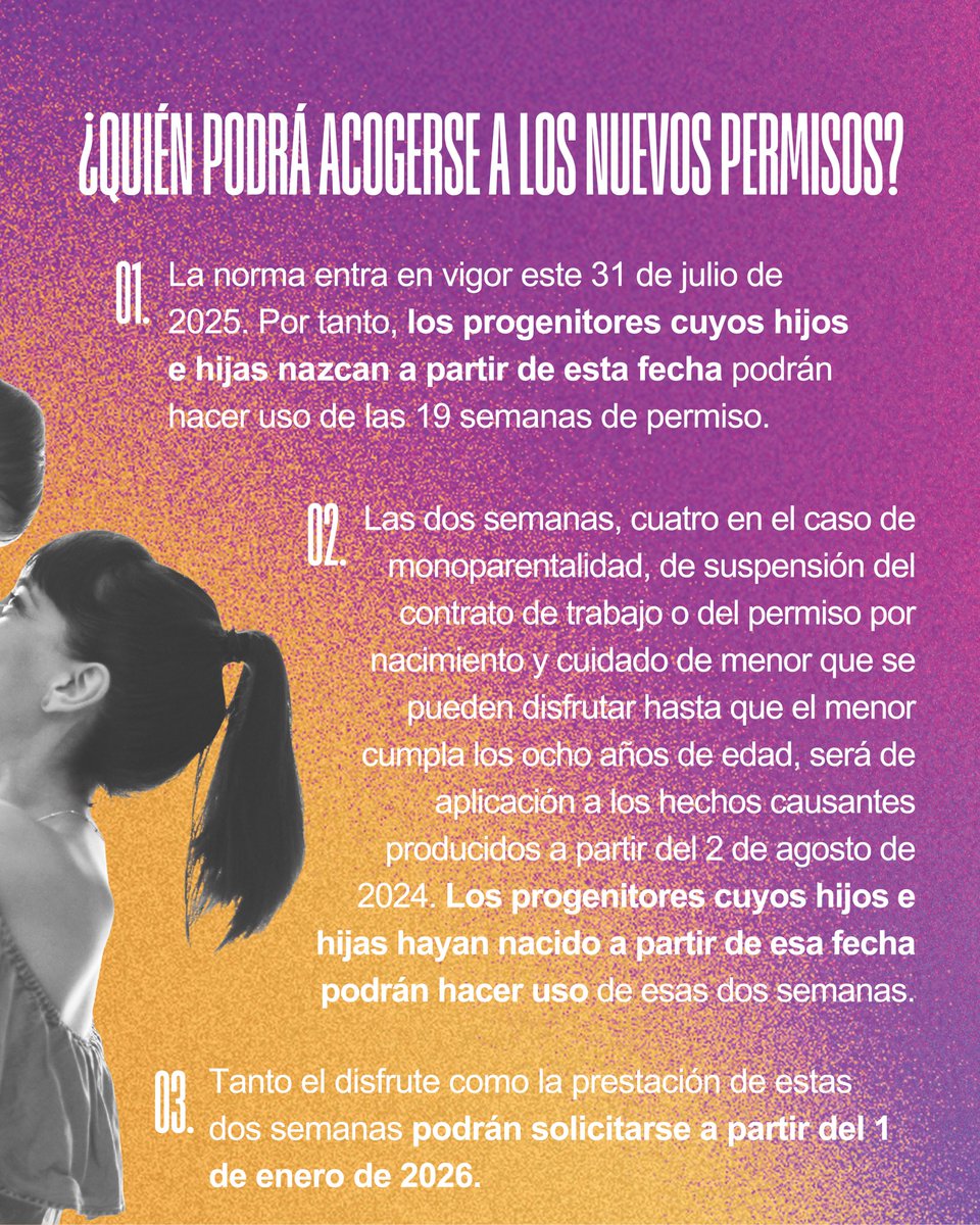 💭‼️¿Sabías que hay cambios importantes en los permisos de conciliación?

Aumentan las semanas, se amplían los derechos y se garantiza una mayor protección para todas las familias. 

❕Pero ¡ojo! Aunque se amplía a 19 semanas, siguen existiendo semanas sin remunerar en el permiso
