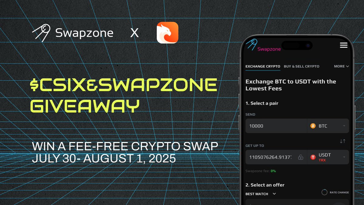 Swapzone (@swapzone_io) on Twitter photo Some swaps just click — zero fees, zero stress.
<a href="/trycarbonio/">Carbon Browser</a> and <a href="/Swapzone_io/">Swapzone</a> are dropping 3 exclusive promo codes for fee-free crypto exchanges. Because freedom shouldn’t come with a price tag. ⚡️
Feeling lucky? Show us your crypto skills:
🔹 Follow <a href="/trycarbonio/">Carbon Browser</a> & Some swaps just click — zero fees, zero stress.
<a href="/trycarbonio/">Carbon Browser</a> and <a href="/Swapzone_io/">Swapzone</a> are dropping 3 exclusive promo codes for fee-free crypto exchanges. Because freedom shouldn’t come with a price tag. ⚡️
Feeling lucky? Show us your crypto skills:
🔹 Follow <a href="/trycarbonio/">Carbon Browser</a> &